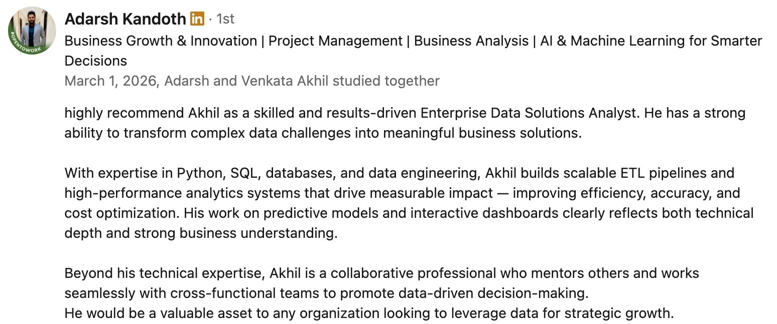 LinkedIn recommendation from Adarsh Kandoth