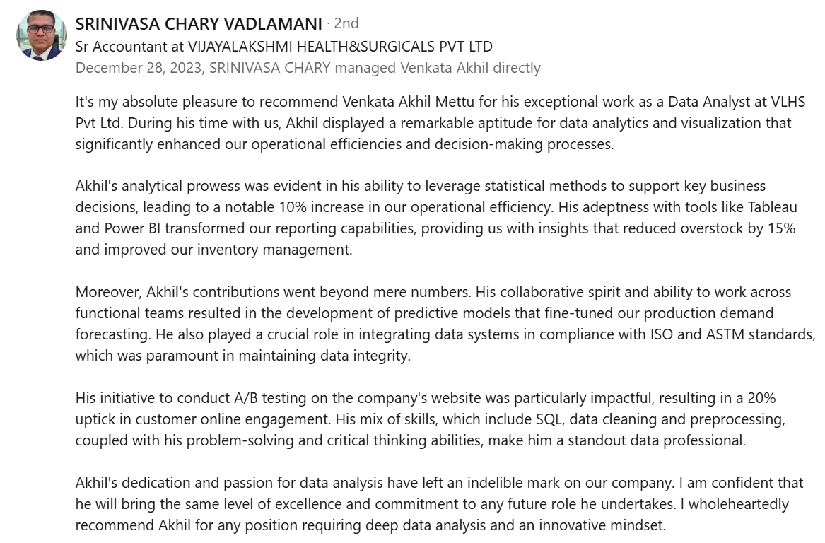 LinkedIn recommendation from Srinivasa Chary Varalapalli